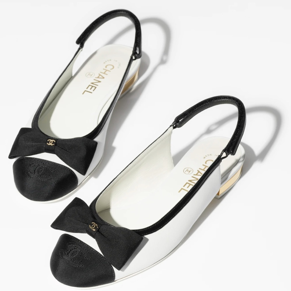 Chanel Slingback Ballet Flats Lambskin & Grosgrain White & Black 39